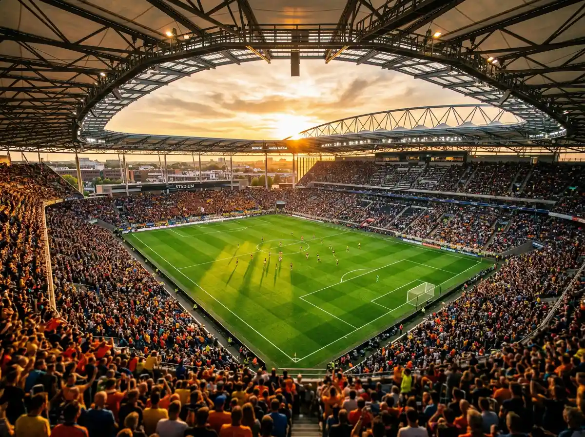 Vue aérienne de stade de football européen avec symboles des ligues majeures